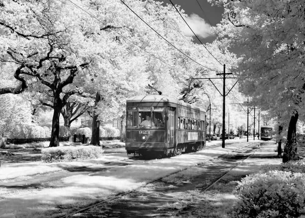 Infrared view of a streetcar on St. Charles Avenue