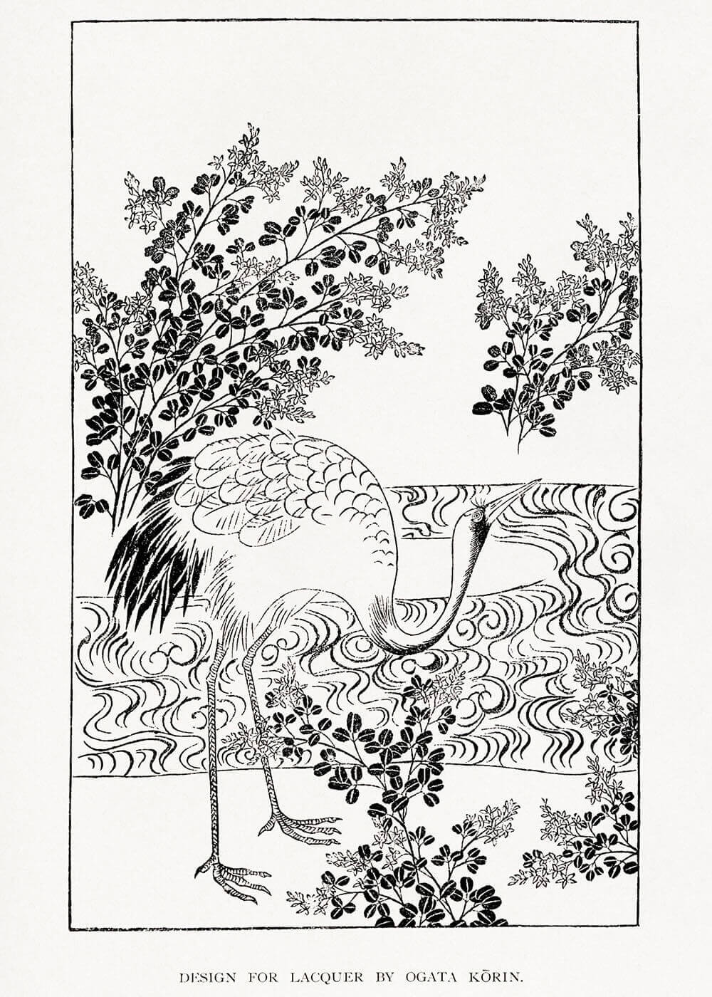 Kurokami by Posters: En sort-hvid plakat af en trane nær vand, omgivet af detaljerede planter og flydende linjer. Billedtekst: "Design til lak af Ogata Kōrin.