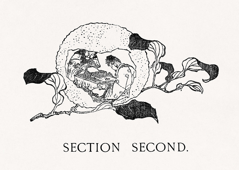 Sort-hvid illustration i japansk plakat-stil af to japanere, der spiller Go ved et skrivebord, indrammet af en cirkulær frugtlignende form med blade. Nedenfor står teksten: "Japanere spiller Go" - Plakater.