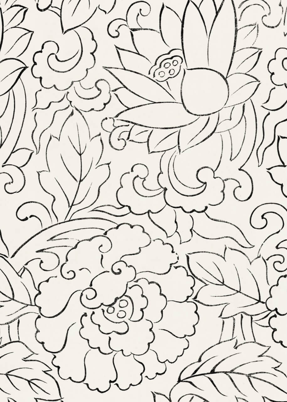 Det japanske vintage originaltræsnit fra Yatsuo by Posters har dristige sort-hvide blomstermønstre, store blomstrende blomster, blade og hvirvlende skylignende former på en hvid baggrund, inspireret af traditionel japansk kunst.