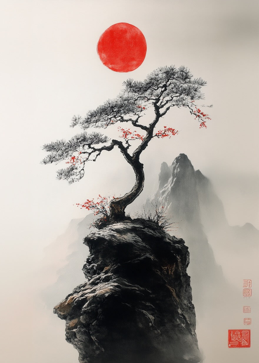 Japansk klippe fra plakater: Et ink-maleri i japansk minimalisme viser et ensomt træ med røde blomster på en klippe, omgivet af tågede bjerge og en rød sol. Traditionel østasiatisk stil, ideel som minimalistisk plakat med kunstnerstempel og kalligrafi.