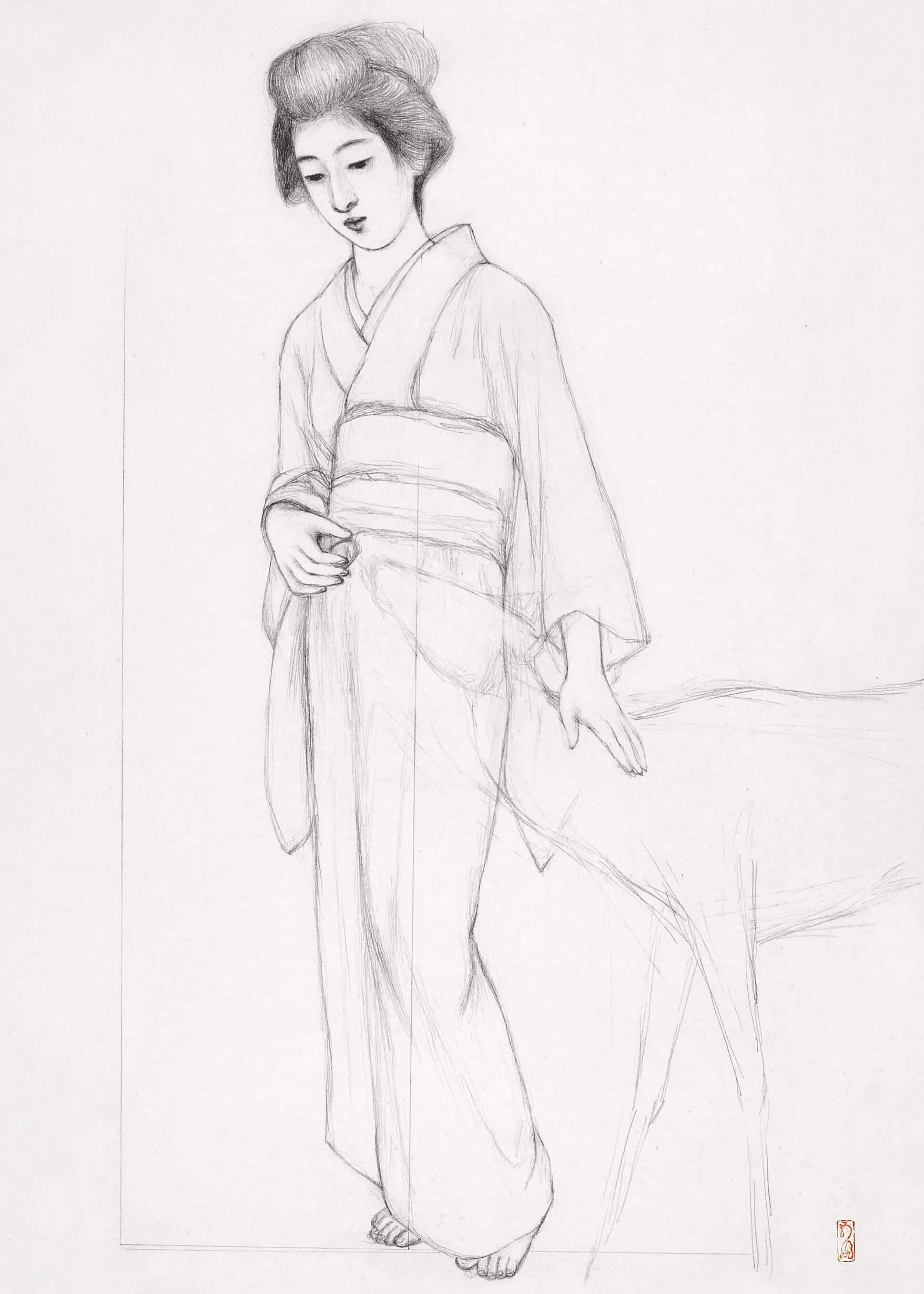 Japansk illustration fra plakater: En blyantsskitse af en kimono-klædt japansk kvinde, der barfodet rører forsigtigt ved omridset af en hjort. Kunstværket udstråler minimalistisk, yndefuldt ufuldendt æstetik.
