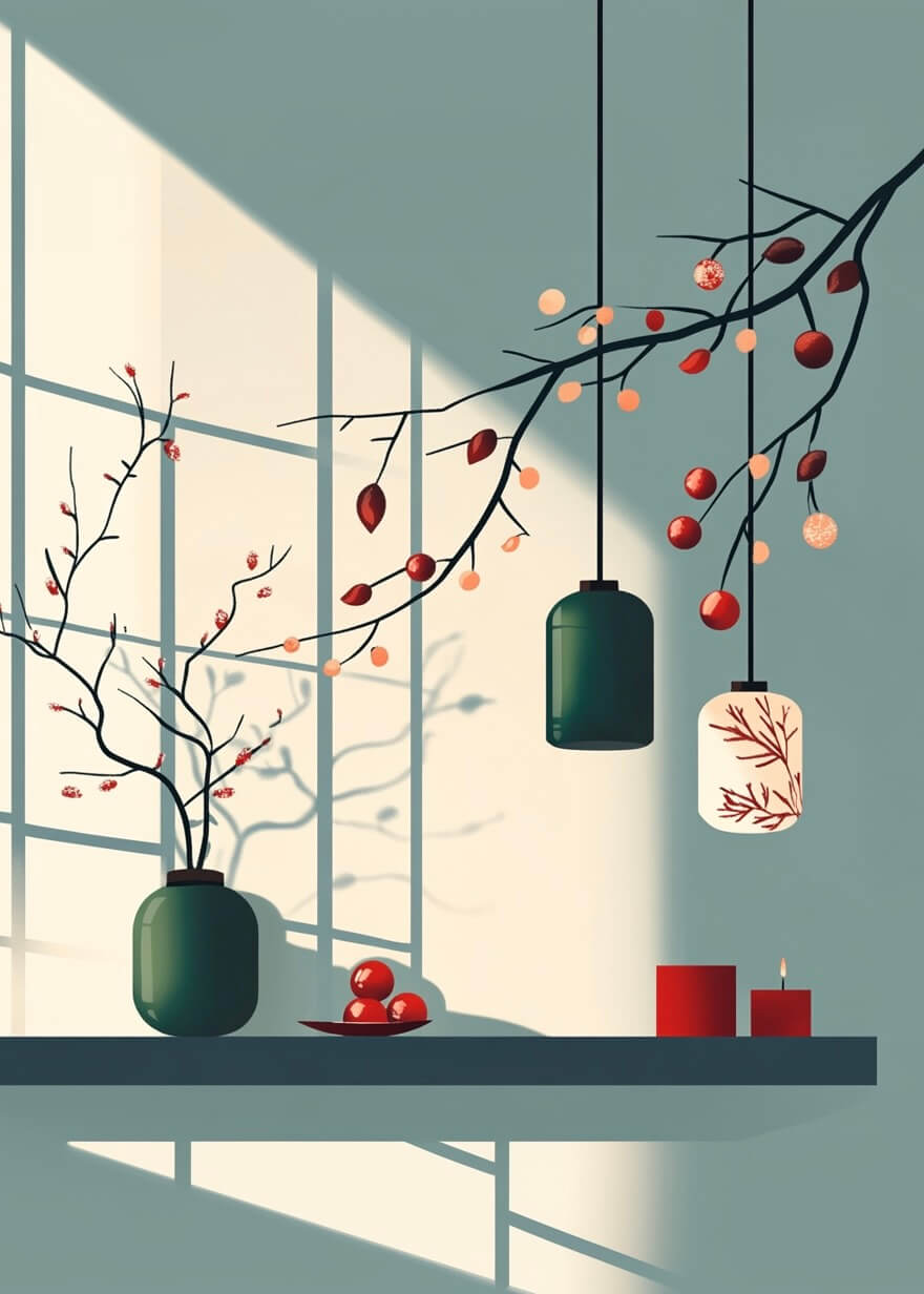 Et solbeskinnet rum med en vase med grene, hængende lanterner, røde bær og to røde stearinlys indfanger Japansk julestemning by Posters - en zen-moderne juleplakat-scene, hvor lange skygger danser på væggen.