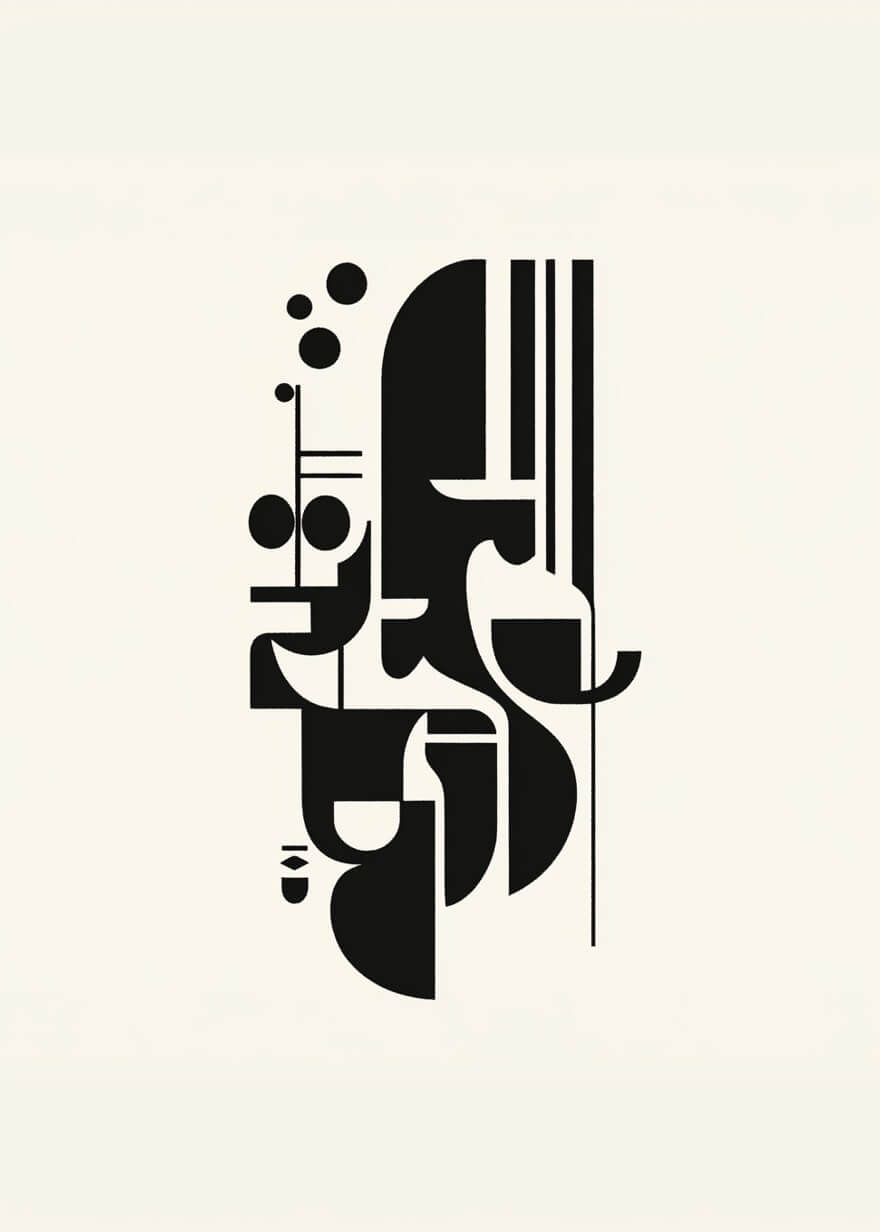 Jordrejsen by Posters viser sorte geometriske former - cirkler, halvcirkler og rektangler - arrangeret lodret på en lys baggrund, hvilket skaber en afbalanceret minimalistisk plakat for fans af abstrakt kunst og geometriske mønstre.