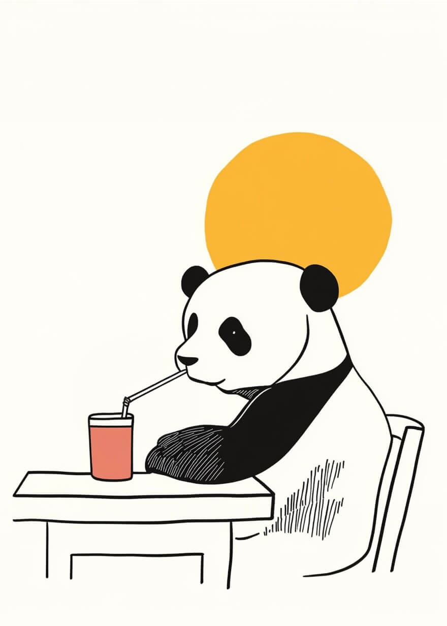 Juicebar for pandaer" fra Posters: En tegnet panda drikker med sugerør ved et bord, med en stor gul cirkelpose hovedet som sol eller glorie - perfekt plakat til børneværelse og sjov indretning på hvid baggrund.
