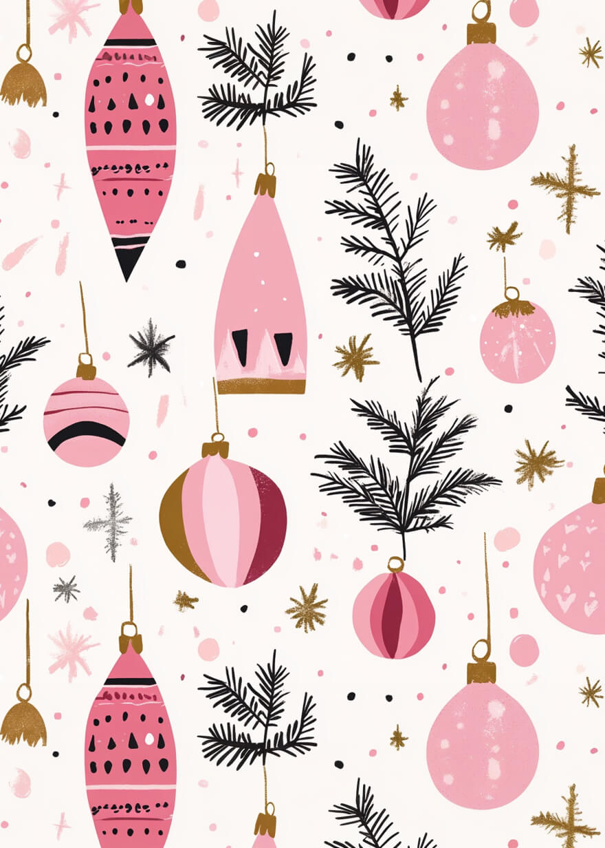 Sæt et festligt præg på din juleindretning med Posters' Julekugler i lyserød - et sømløst mønster af pink, guld og sort julepynt og fyrretræsgrene på hvid, dekoreret med prikker og stjerneskud.