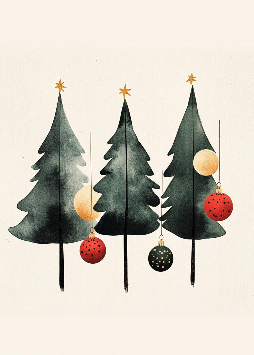Plakaten "Julekugler og juletræ" fra Posters viser tre juletræer toppet med gyldne stjerner og pyntet med røde og gyldne ornamenter - en stilfuld julepynt eller unik juleplakat til ethvert moderne rum.