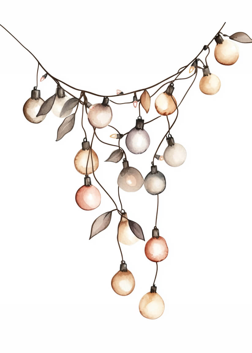 Posters' Julelysene mingler består af akvarelagtige lyskæder med runde, pastelfarvede pærer og dekorative blade, der er arrangeret festligt på en hvid baggrund - ideelt til at bringe julelys-charme til din hyggelige indretning.