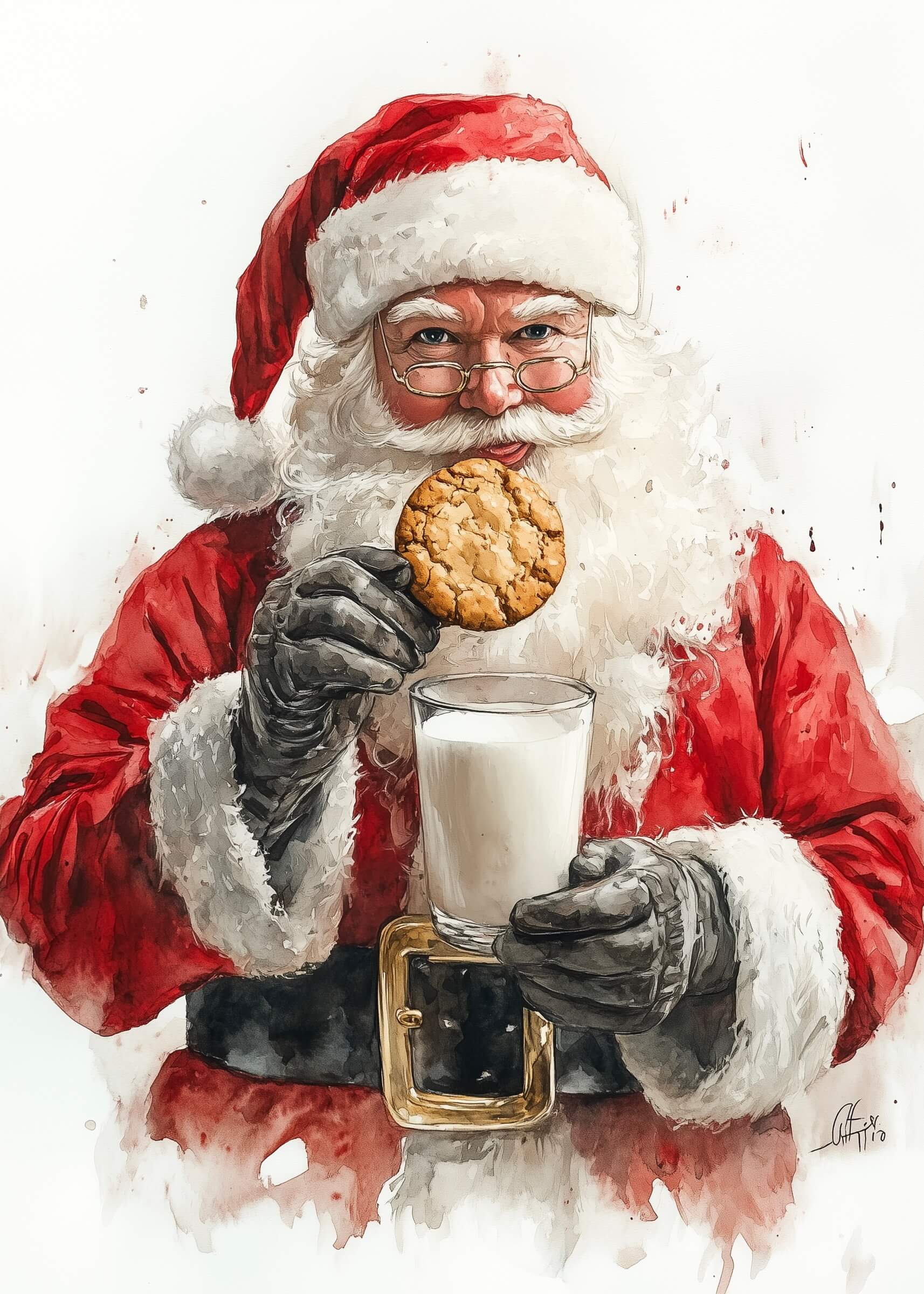 Plakaten "Julemandens mælk og småkager" juleplakat viser en munter julemand i rødt med briller, der holder en småkage og mælk - perfekt til at tilføje en hyggelig juletraditioner til din juleindretning.