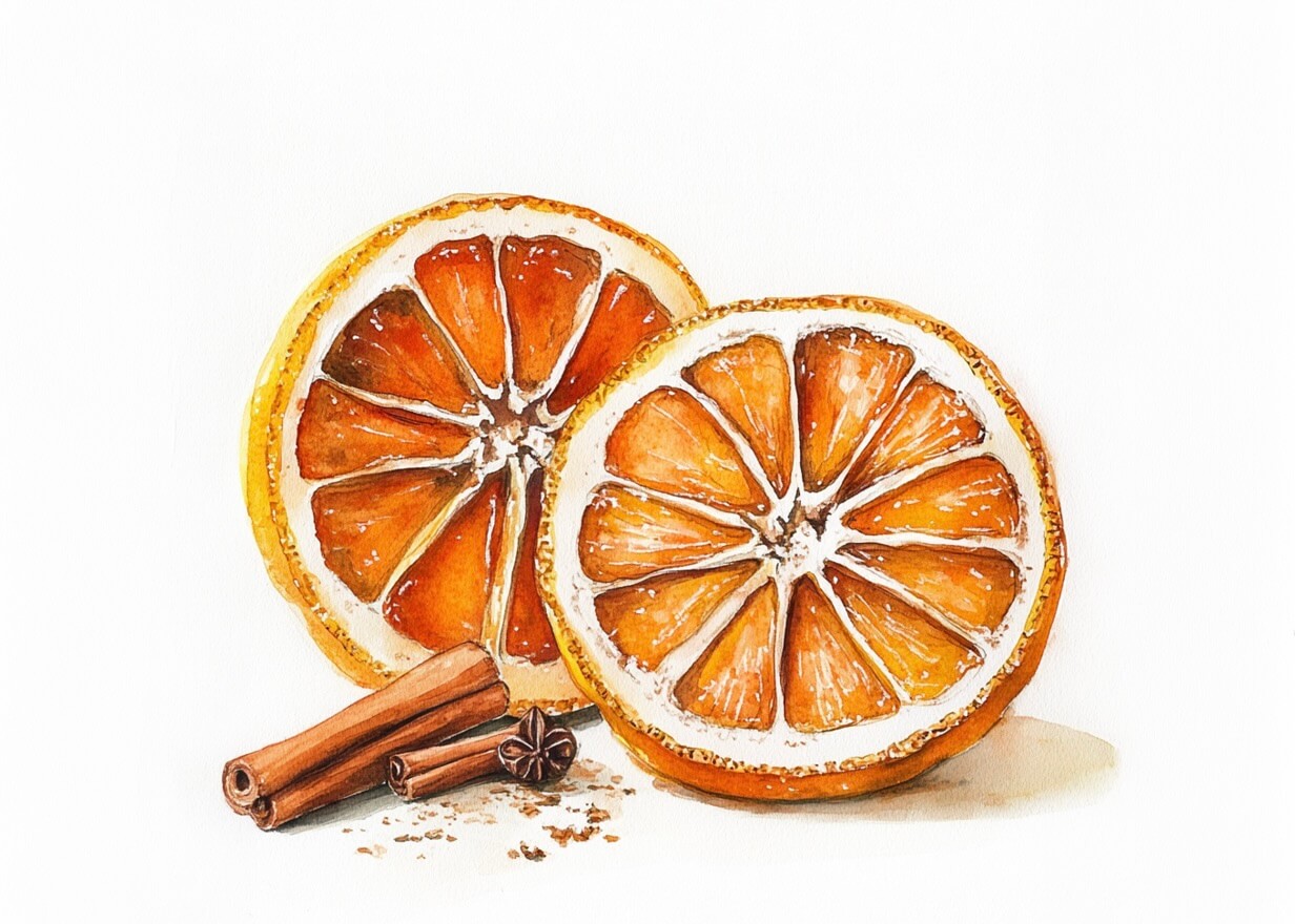 Julens krydderier" fra Posters har en akvarel af to tørrede appelsinskiver, kanelstænger og stjerneanis - ideel som kanelplakat eller til juleindretning, der indfanger festlige krydderier på en sprød hvid baggrund.