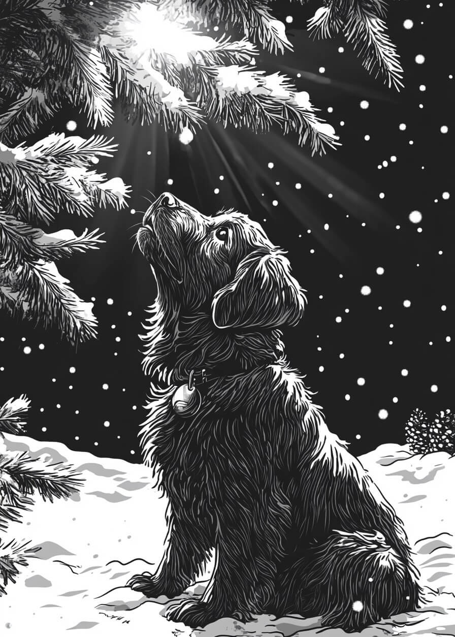 Tilføj et strejf af minimalistisk indretning med "Julestjernen og hunden" fra Posters-en sort-hvid plakat af en hund, der sidder i sneen om natten og kigger op mod lys mellem fyrregrene, mens snefnug daler ned.