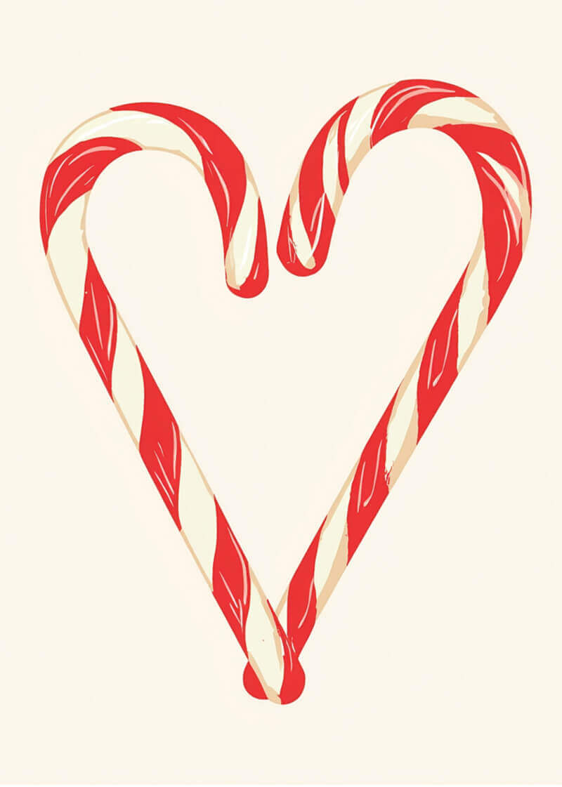 Plakaten "Julestokker i hjerteform" fra Posters viser to rød- og hvidstribede sukkerstokke, der er arrangeret i en hjerteform og skaber en charmerende juleudstilling på en almindelig lys baggrund.