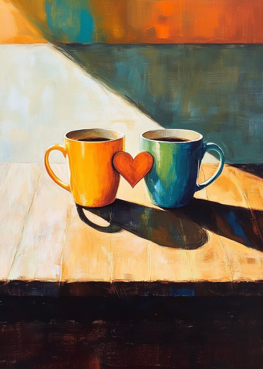 To krus, et gult og et blåt, står side om side med et hjerte imellem sig på et solbeskinnet bord. "Kærlighed i Kopper" af Posters indfanger en varm scene, perfekt som en charmerende plakat til ethvert hyggeligt rum.