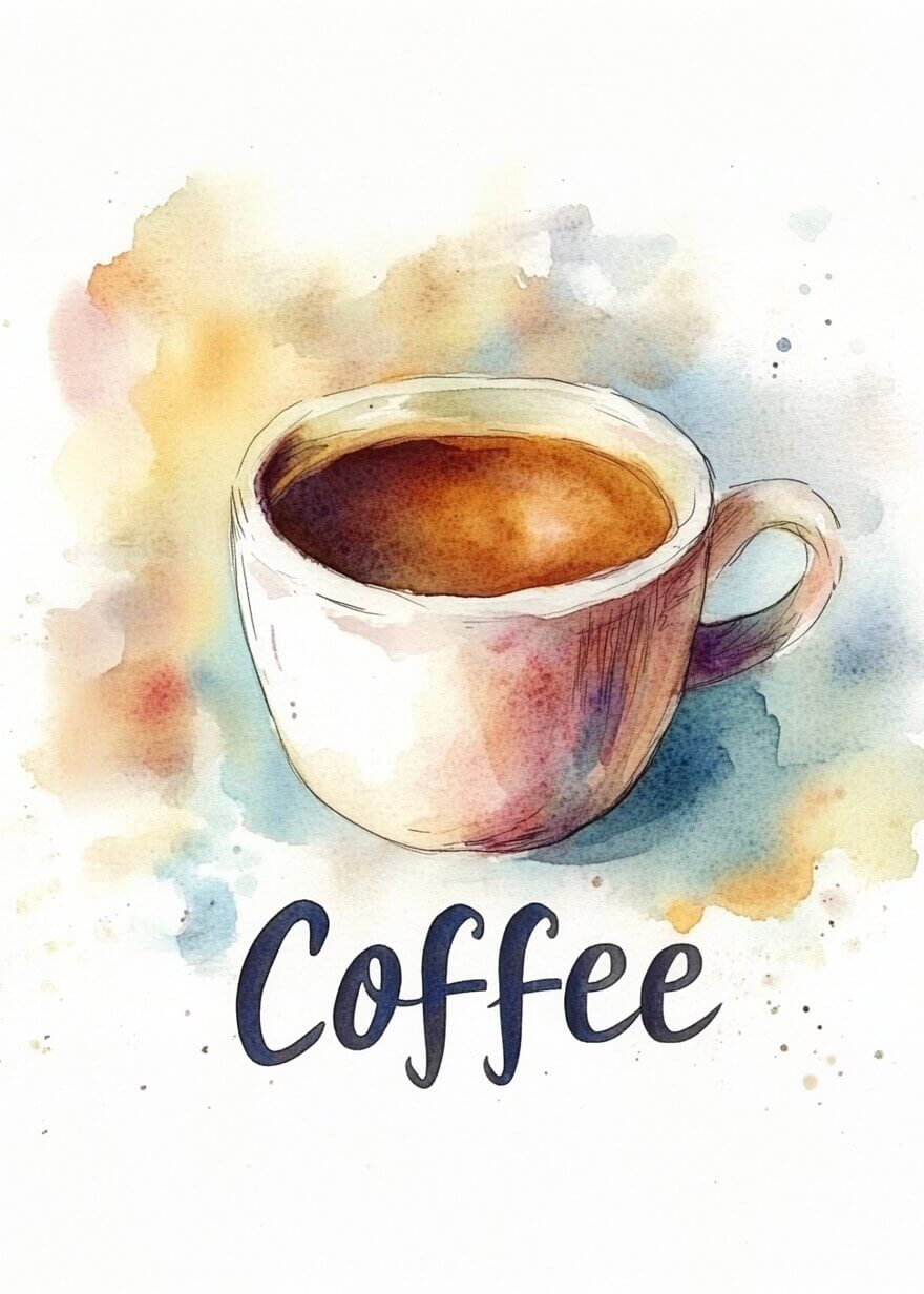 Kaffeakvarel by Posters har en akvarelillustration af en kaffekop med levende stænk bagved og "Coffee" elegant skrevet med fede, kursive bogstaver under koppen.