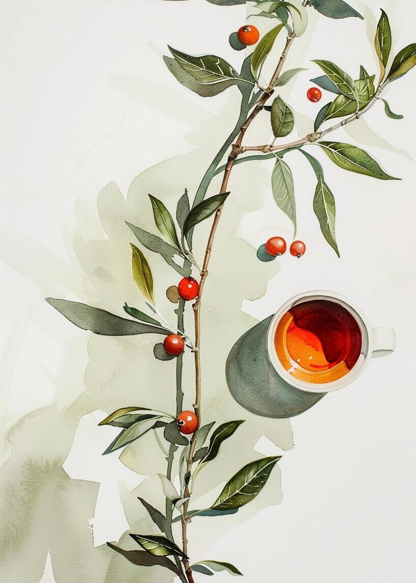 Kaffegrenens kunst by Posters viser en te- eller kaffekop på en hvid overflade ved siden af en malet gren med grønne blade og røde bær - ideel til minimalistisk vægindretning.