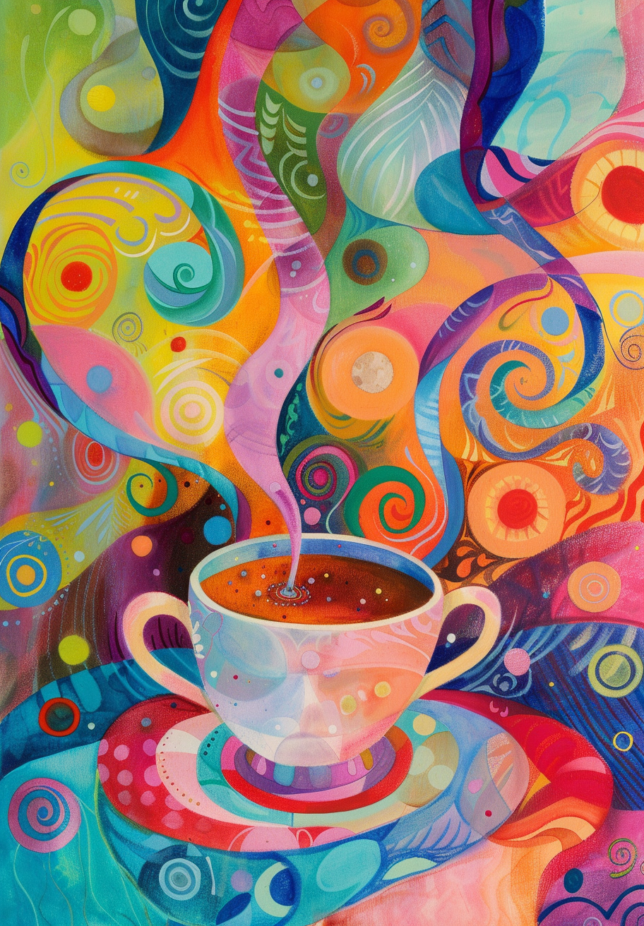 Kaffens glæder by Posters er et farverigt, abstrakt maleri af en dampende kaffekop med levende røde, blå, gule og grønne mønstre - ideelt som kaffeplakat til kaffelskere, der vil have et finurligt energiboost.
