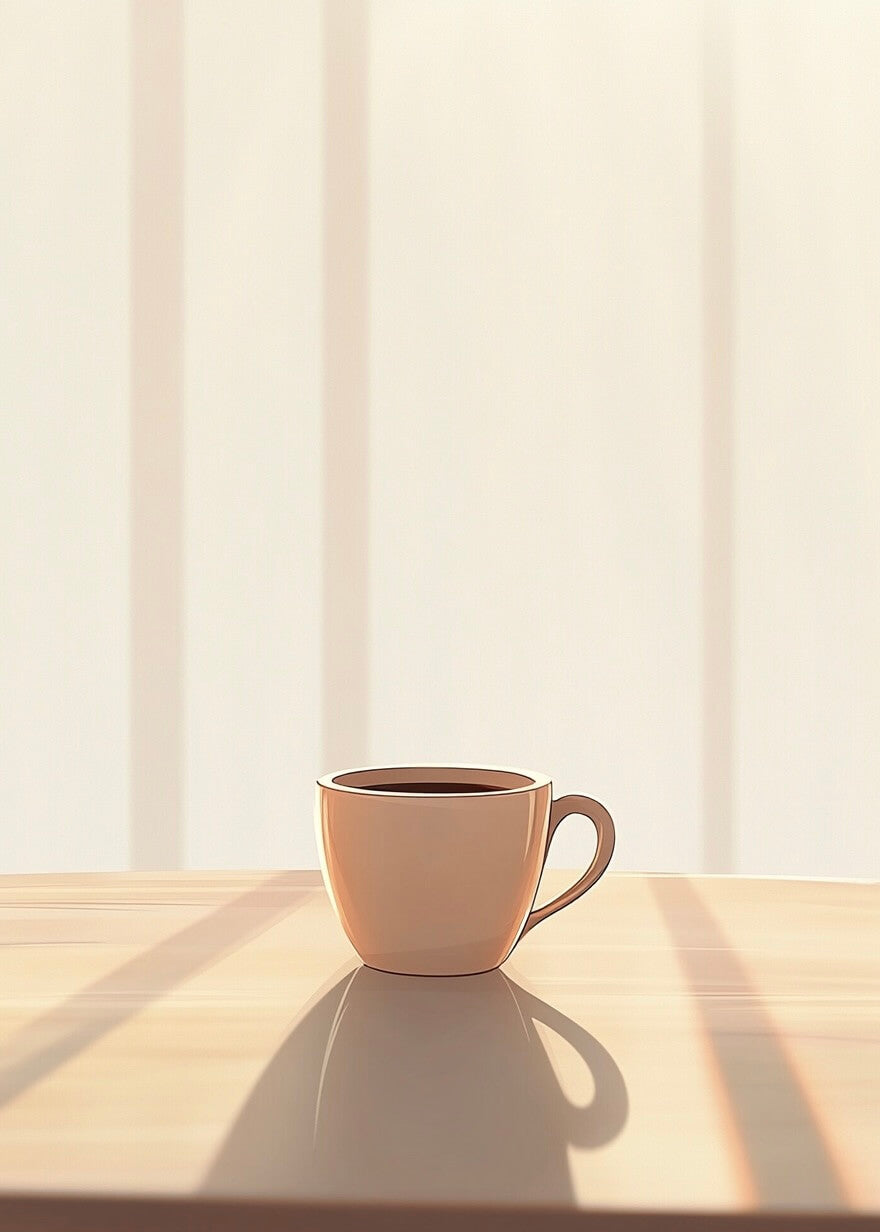 En beige kaffekop fyldt med mørk kaffe hviler på et lyst træbord, mens blødt sollys strømmer ind gennem lodrette persienner og skaber en rolig scene - perfekt til "Kaffepause" af Posters, et minimalistisk kaffeplakat med rolig atmosfære.