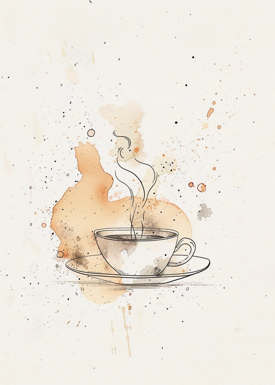 Kaffepletter" fra Posters har en minimalistisk plakat af en dampende kaffekop på en underkop, sat op mod abstrakte akvarelstænk i varm beige og brun for et moderne look.