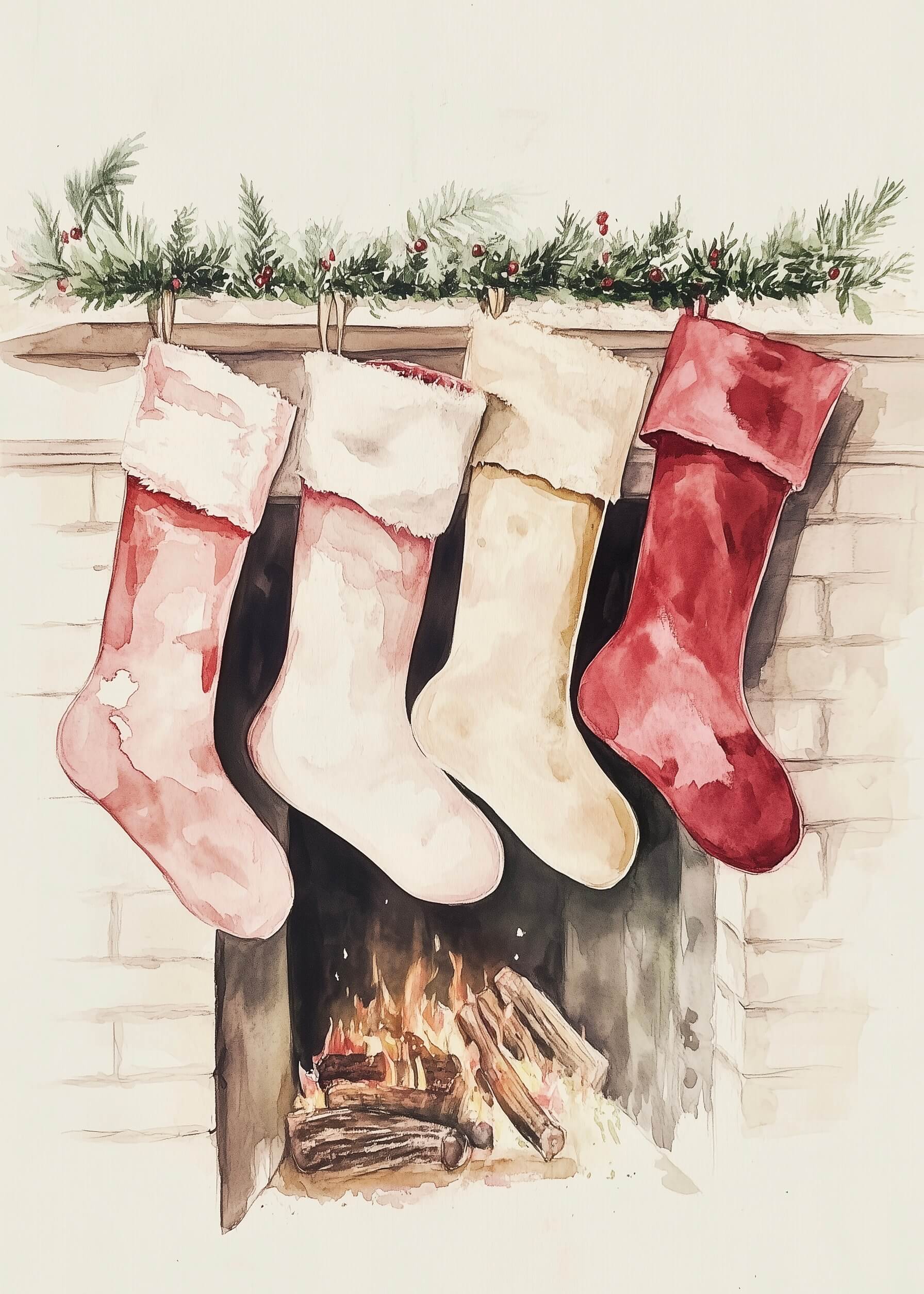 Kaminen julenat by Posters har en akvarel af fire lyserøde, cremefarvede og røde julestrømper, der hænger fra en fyrretræsguirlande over en glødende pejs. Denne juleplakat bringer ægte julestemning og hygge til din festlige indretning.