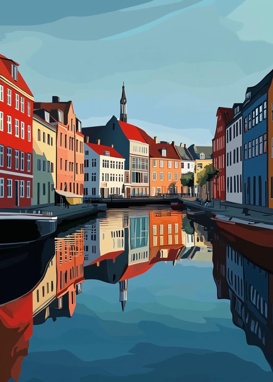 En levende digital illustration fra Posters, "Kanalerne", viser bygninger langs en kanal med deres refleksioner i roligt vand, der blander europæisk charme og nordisk indretningsstil.