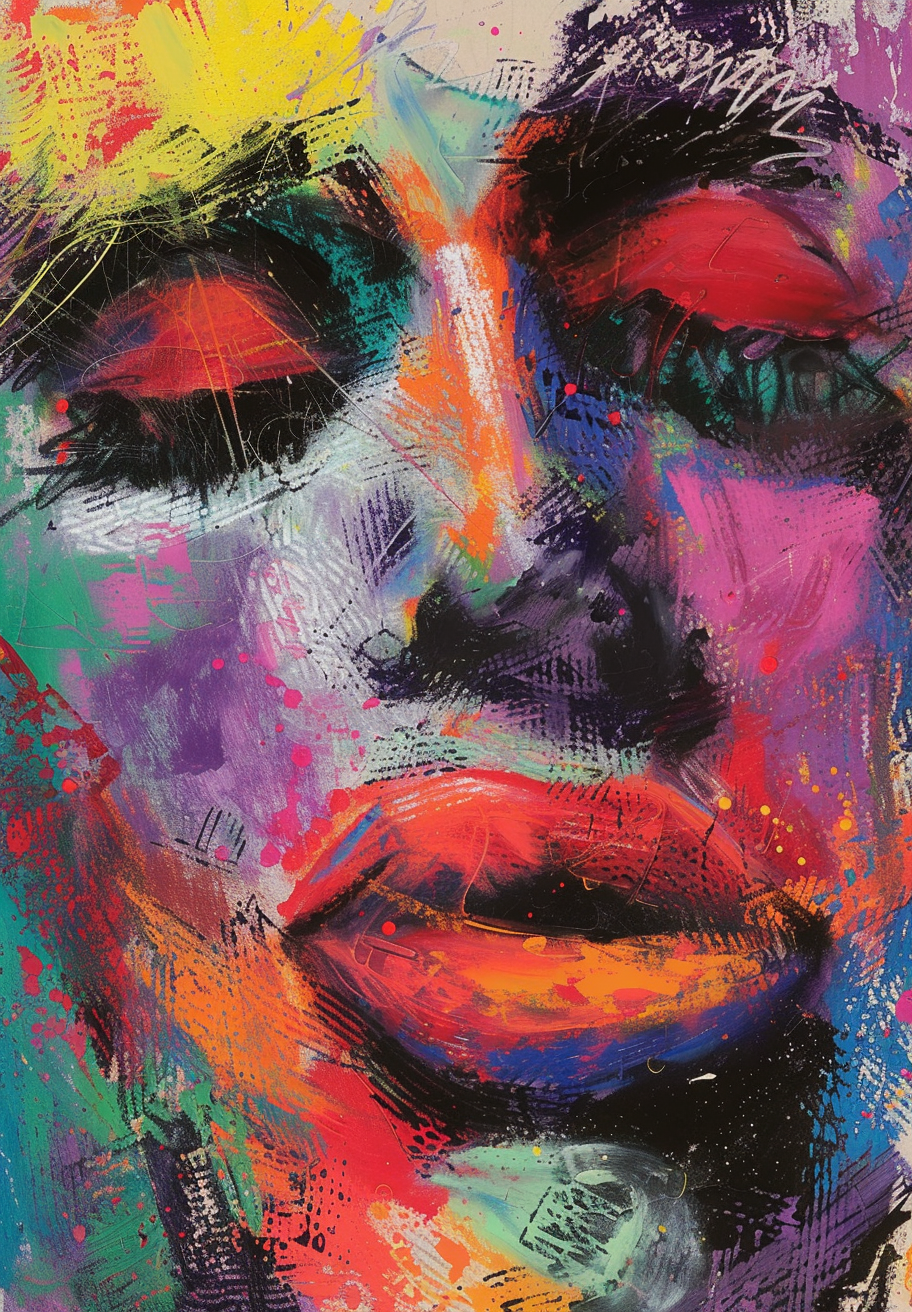 Tilføj et stænk af farve til dit rum med "Karneval maleri" af Posters - et levende abstrakt kunstværk af et ansigt i neongule, røde, lilla, blå og grønne toner. Lukkede øjne og læber smelter dramatisk sammen til en slående indretning.