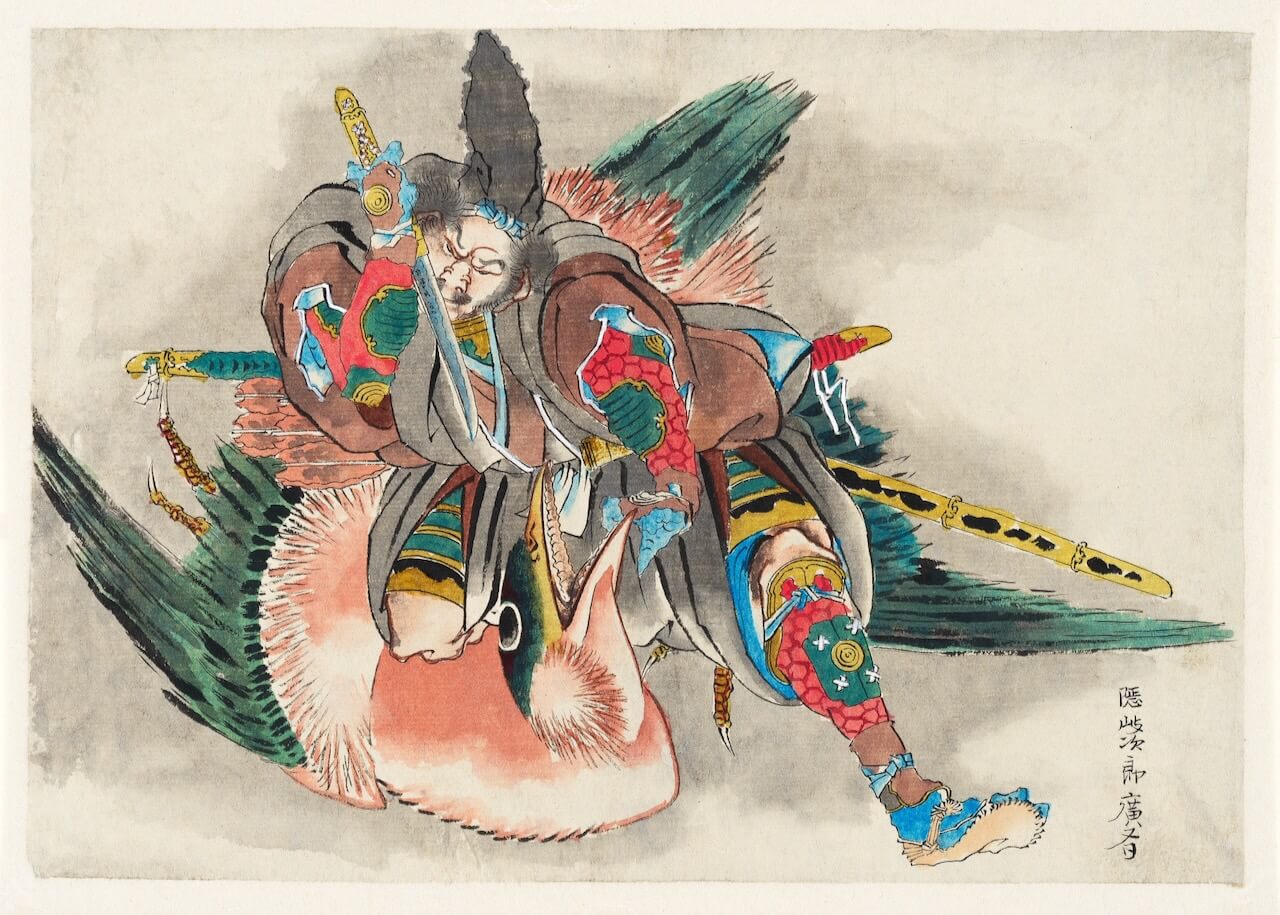 Katsushika Hokusais Okijiro Hironari viser en livlig samurai i udsmykket rustning på en kæmpekrabbe med dristige penselstrøg og japansk skrift - et iøjnefaldende stykke japansk krigskunst, der er ideelt til dit gaming-rum.