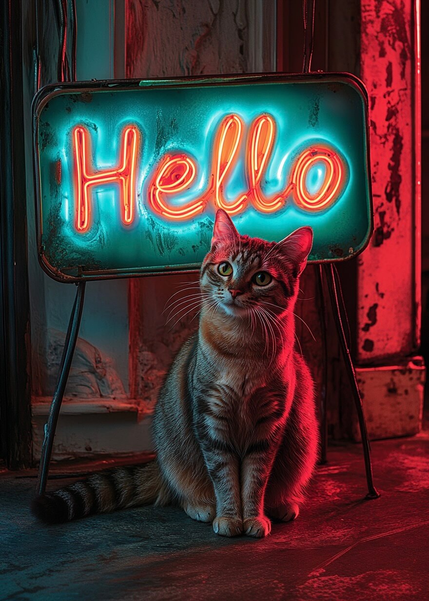 En tabby-kat sidder på gulvet foran plakaten "Katten siger hej" af Posters, oplyst af blå og røde neonlys, der kaster farverige refleksioner på både katten og det urbane interiør.