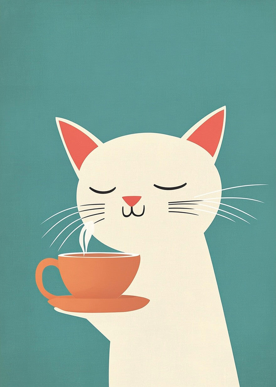 Kattens morgenkaffe by Posters er en minimalistisk plakat med en hvid kat med lukkede øjne, der nyder en varm drik på en underkop mod en blågrøn baggrund - en hyggelig tilføjelse og den perfekte morgenkaffe-plakat til dit rum.