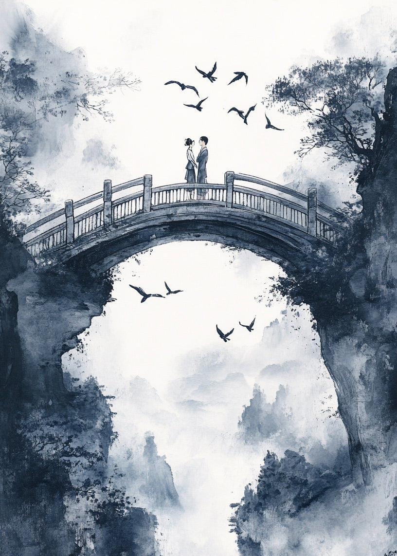 Plakaten "Kløftens bro" fra Posters har et akvarelagtigt billede af to mennesker på en buet stenbro, omgivet af tågede træer og klipper i et eventyrligt landskab med fugle, der svæver over dem.