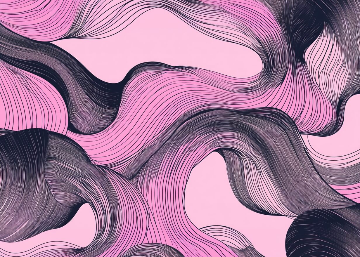 Kunstplakaten "Kluddermor" fra Posters har abstrakte bølgede sorte, grå og pink linjer på en lyserød baggrund, der fremkalder bevægelse og fluiditet - ideelt for fans af abstrakt kunst.