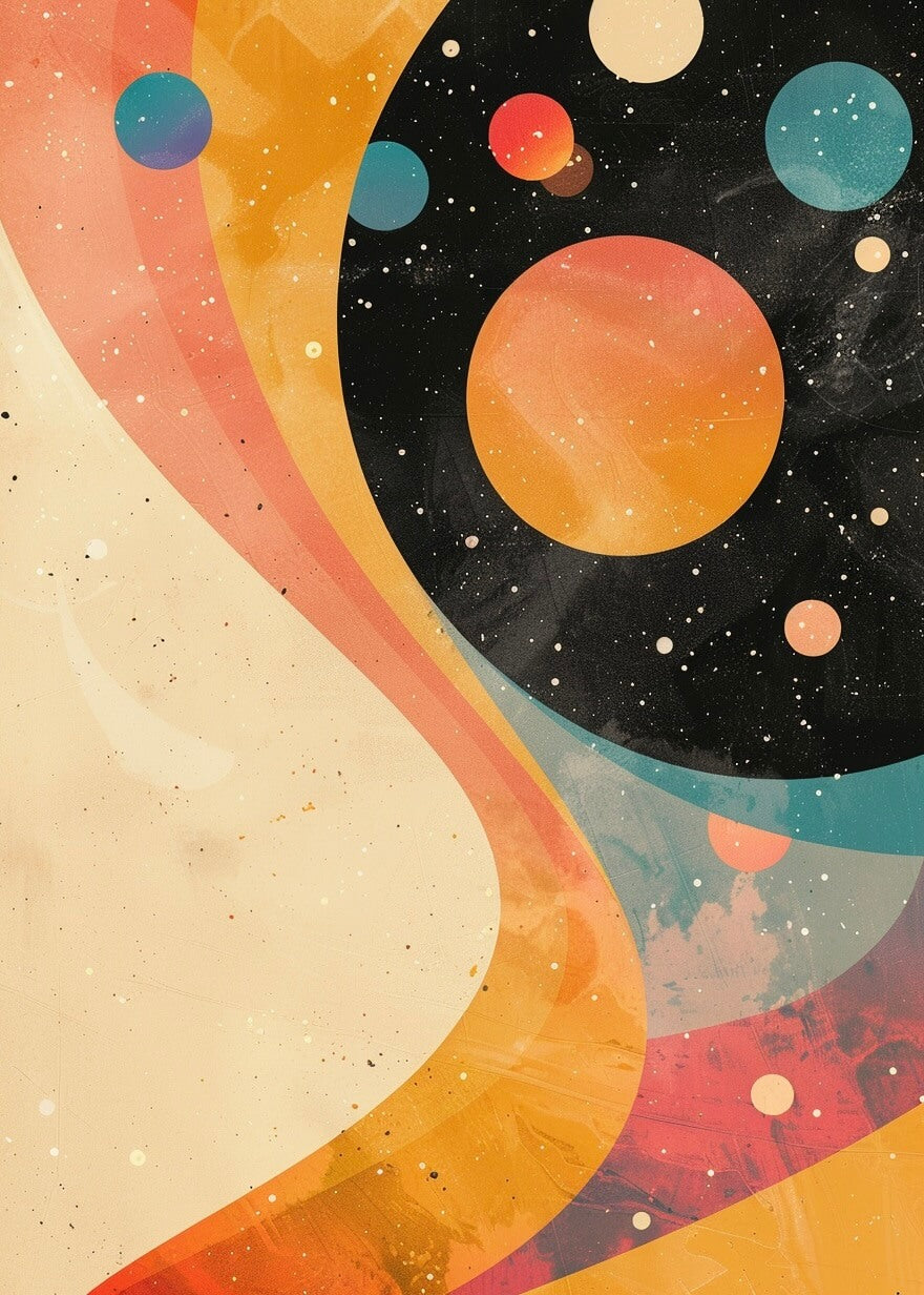 Plakaten "Kosmisk dans" fra Posters viser abstrakt plakatkunst med farverige orange, pink og gule bånd ved siden af et kosmisk sort rum med cirkler og prikker, der leder tankerne hen på planeter og stjerner.