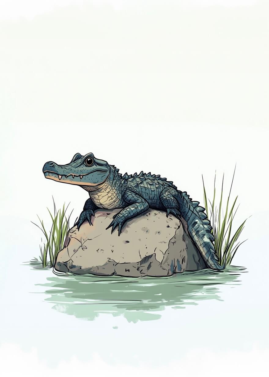 Krokodillen venter på en sten fra Posters viser en tegnet alligator hvilende på en stor sten omgivet af vand og højt græs-et ideelt valg som krokodille plakat til naturlig indretning.