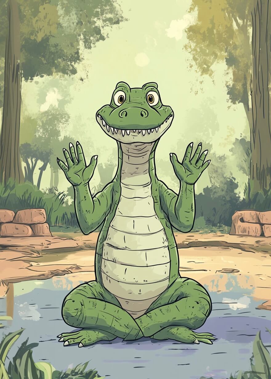 Krokodilleyoga by Posters viser en tegnet alligator, der sidder med benene over kors ved en skovsø og smiler og vifter - et legende, harmonisk kunstværk, der er ideelt til zenindretning.