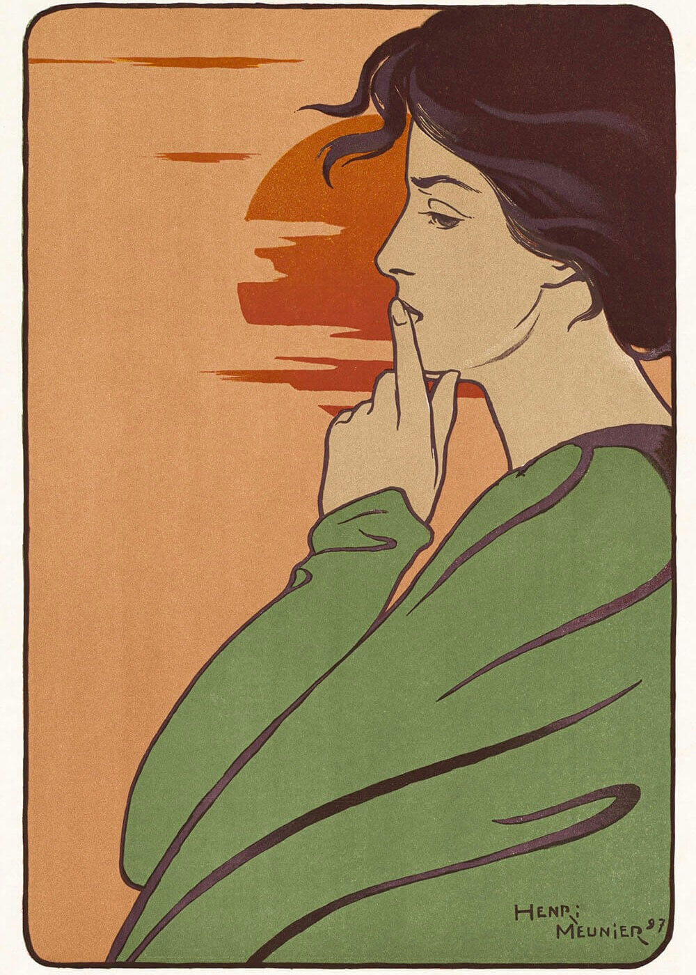 L'heure du silence af Posters: En art nouveau-illustration af en mørkhåret kvinde i profil, draperet i grønt, der holder en finger mod sine læber mod en orangerød solnedgang. Signeret af Henri Meunier.