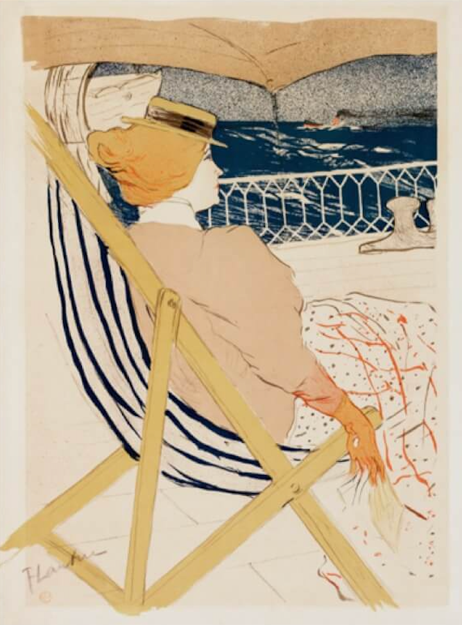 En kvinde i en stribet liggestol sidder på et skibsdæk med hat og papir og kigger ud over havet - La Passagère du 54 by Posters fremkalder klassisk plakatkunst i denne vintage, maleriske scene.