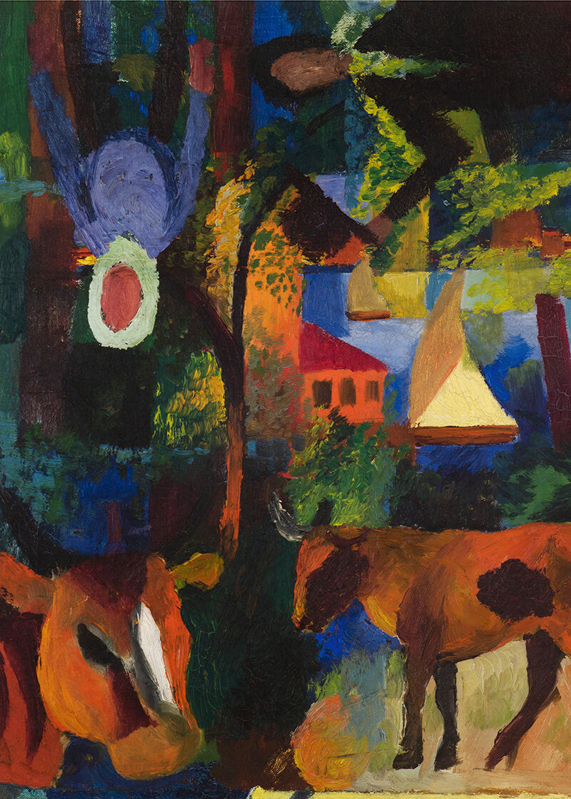 Landskab med køer, sejlbåd og indmalede figurer (1914) af Posters: Abstrakt impressionistisk plakat inspireret af August Macke med brune køer, et hus med rødt tag, træer, sejlbåd og fragmenterede, omvendte detaljer på FSC-certificeret papir.