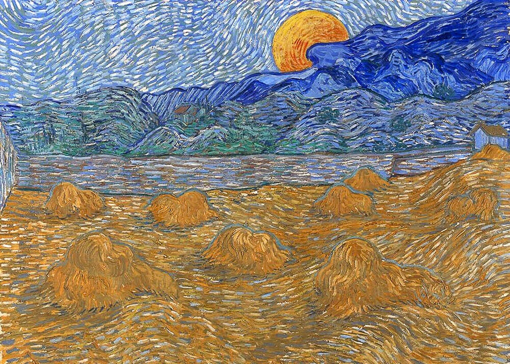 Plakaten "Landscape with wheat sheavies" viser gule hvedestakke i en hvirvlende mark, en levende orange sol, blågrønne bjerge og dynamiske penselstrøg, der giver liv til den livlige scene.