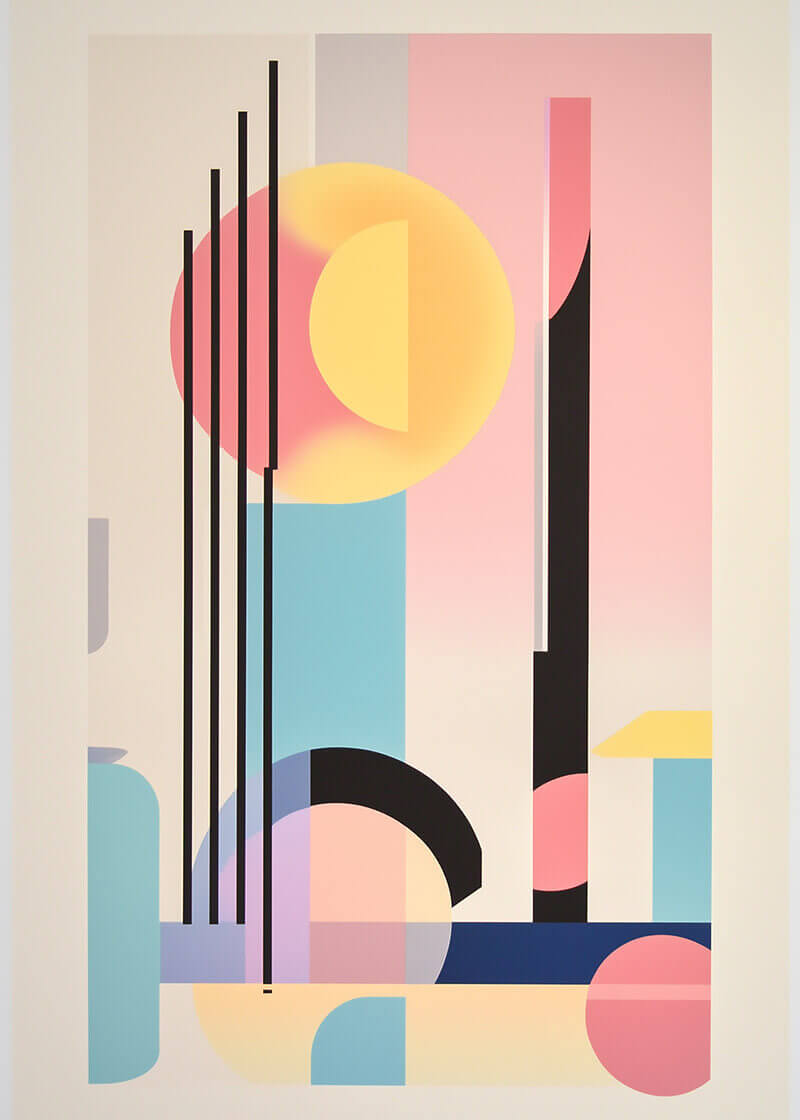 Leg med farver" af Posters er et abstrakt geometrisk kunstværk i pastelfarver som pink, gul, blå og lilla. Med cirkler, rektangler og sorte linjer på en lys baggrund udgør det en afbalanceret moderne komposition - perfekt som et moderne plakat.