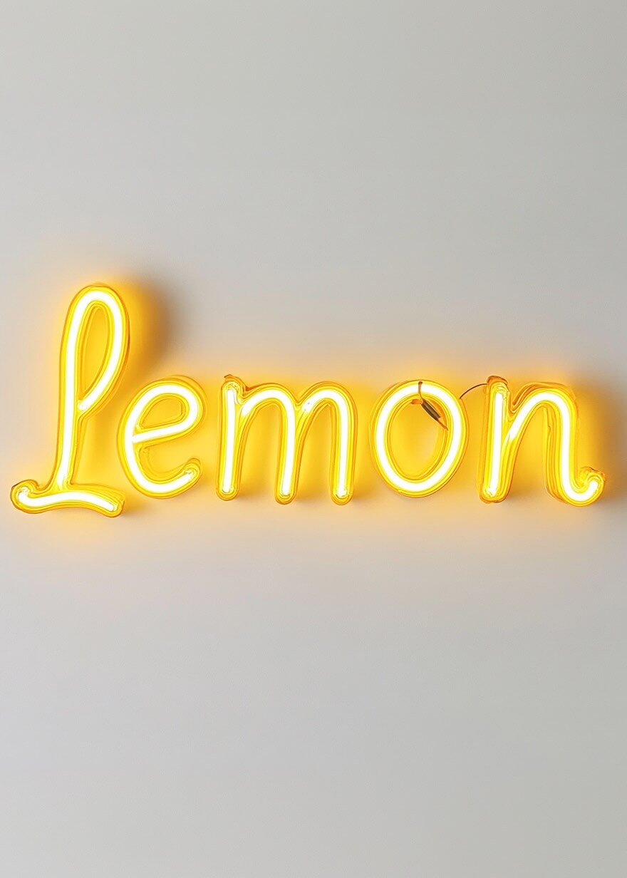 Lemon Neon by Posters viser ordet "Lemon" i lysegul kursiv, der lyser op mod en hvid væg - ideelt til moderne indretning.