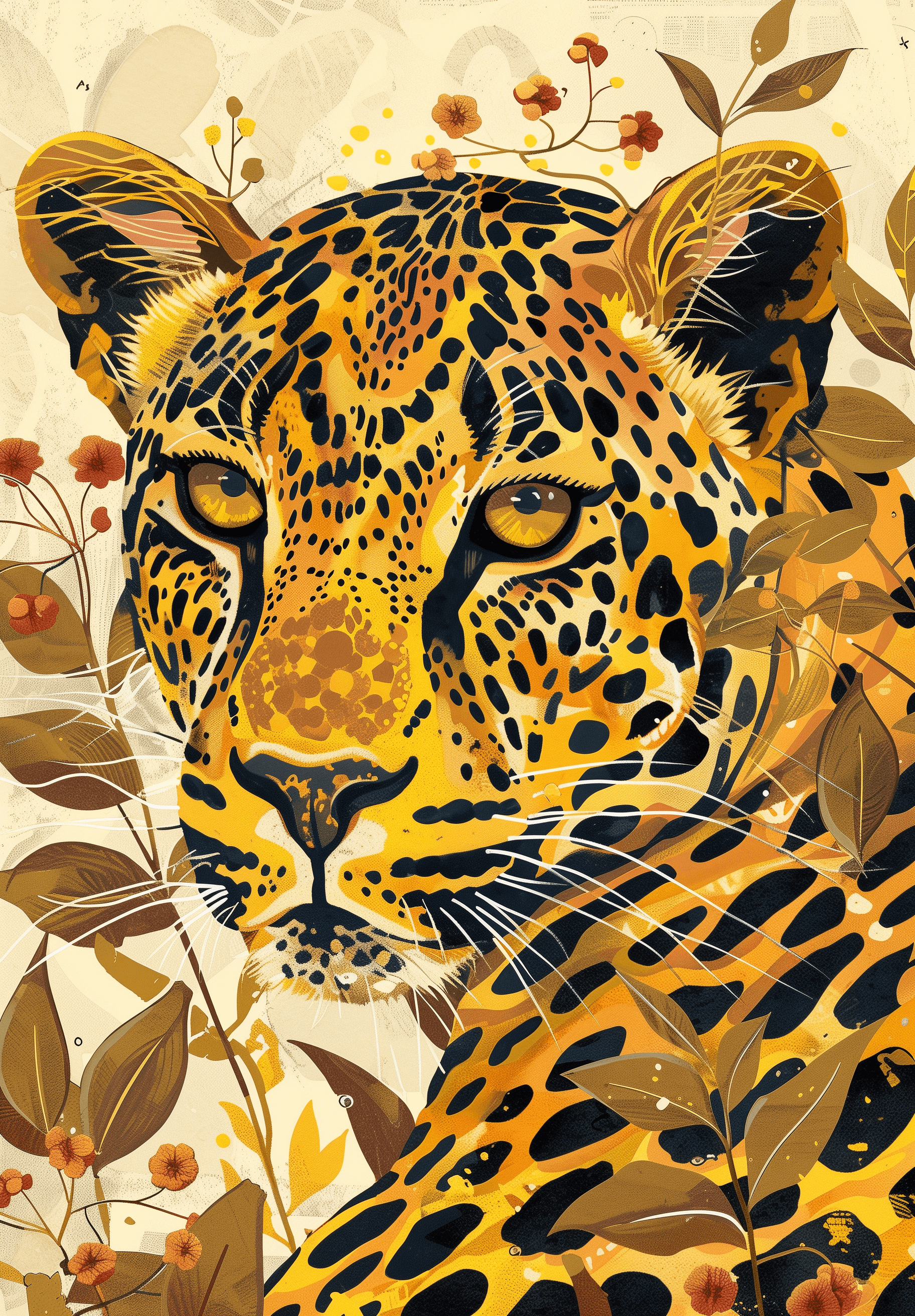 Leoparden" af Posters har en levende plakatillustration af en leopard med kraftige gule og sorte pletter, omgivet af stiliserede brune og orange blade samt små orange blomster på en lys baggrund.