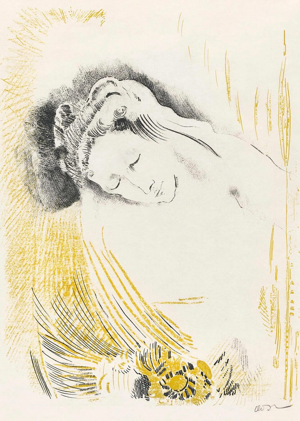 Les Fleurs du mal" af Posters har en delikat plakatskitse af en kvinde med lukkede øjne og et let vippet hoved, omgivet af bløde gule og sorte linjer, der giver en æterisk, fredfyldt effekt.