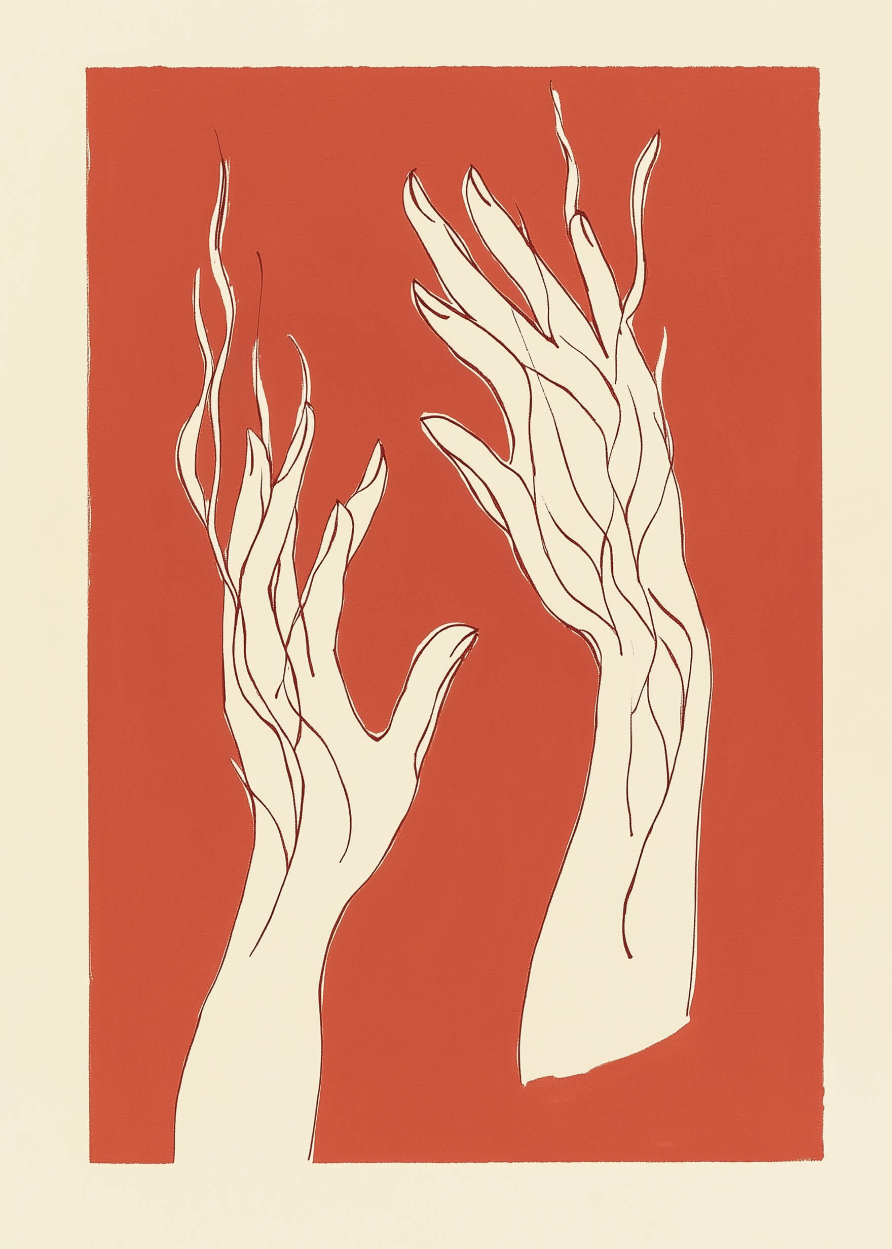 Let me" by Posters er en minimalistisk kunstnerisk plakat med to hænder med lange fingre og bølgede linjer på en ensfarvet rødbrun baggrund og råhvid kant - ideel til et moderne hjem.