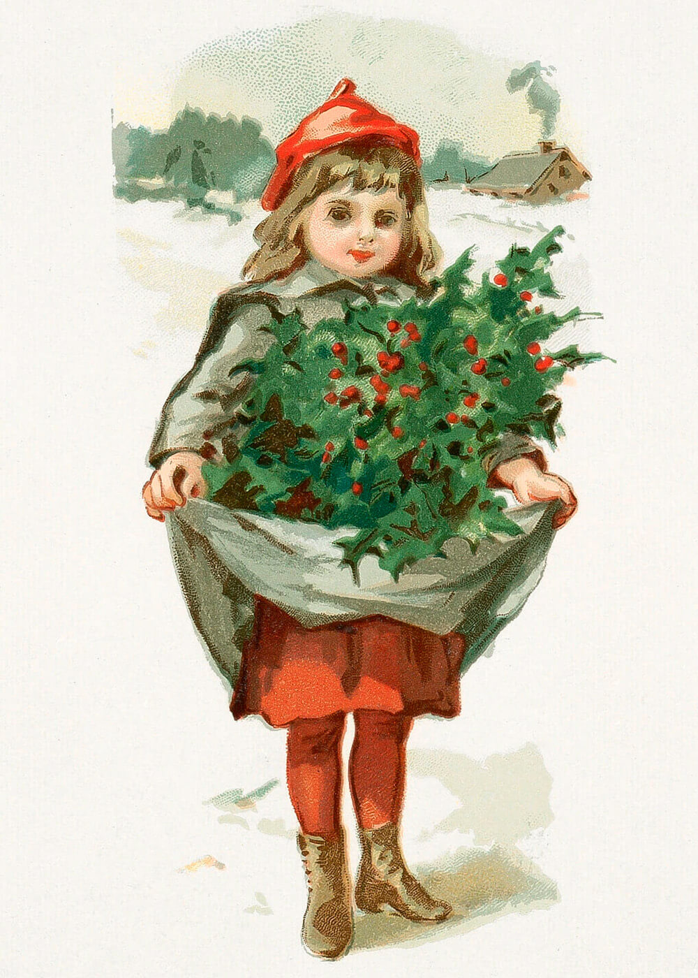 Little girl with holly" fra Posters viser en ung pige udendørs i sneen, der holder sin nederdel op fyldt med kristtorngrene og bær - en nostalgisk juleplakat, der indfanger klassisk feriecharme.