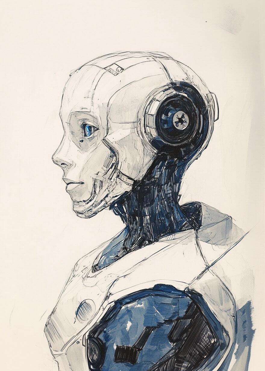 Ligner på plakater: En detaljeret robot med mekaniske træk, blå accenter og et menneskelignende ansigt i venstrevendt profil på en lys baggrund - ideel som teknologiplakat eller futuristisk plakat.