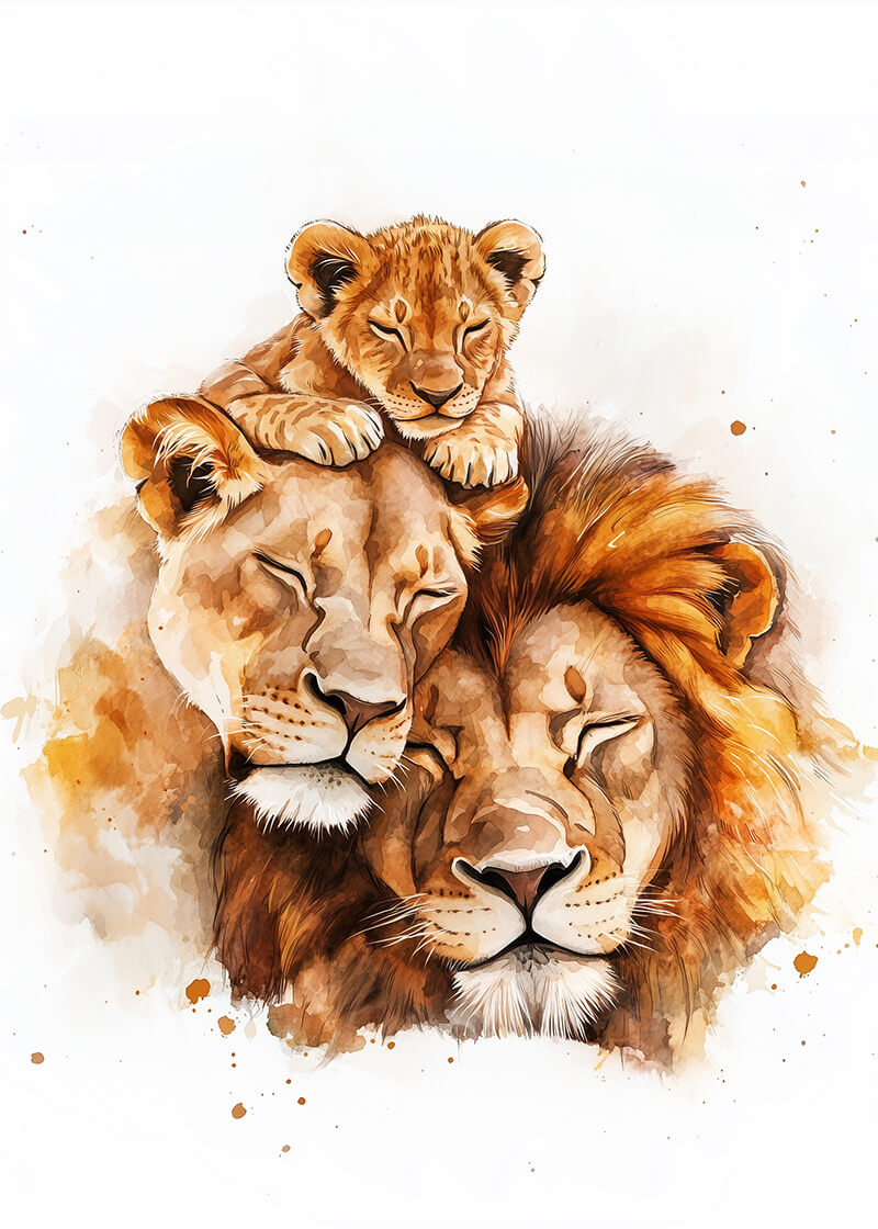 Løvefamilien fra Posters er et akvareltryk af en løvefamilie med en legesyg unge, bløde stænk på hvidt - ideelt til et hyggeligt børneværelse. Trykt på FSC-certificeret papir.