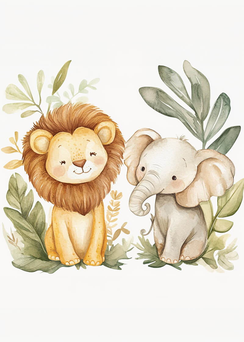 Løven Og Elefanten" fra Posters er et akvarelplakat med en smilende løve og sød elefant omgivet af grønne blade. Trykt på FSC-certificeret papir, tilføjer den et charmerende touch til ethvert børneværelse.