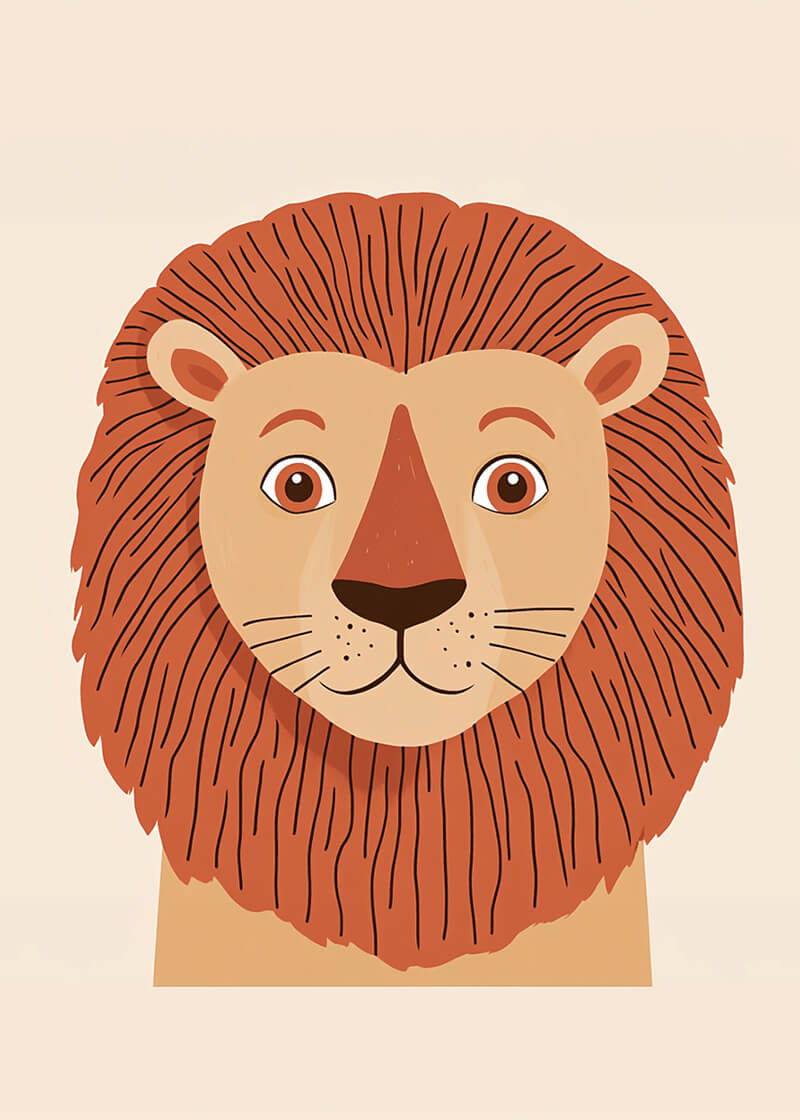 Løveportræt fra plakater: En sød illustration af en løves ansigt med stor brun manke og mildt smil, perfekt som plakat til børneværelset. Trykt på FSC-certificeret papir med bløde farver og lys beige baggrund.