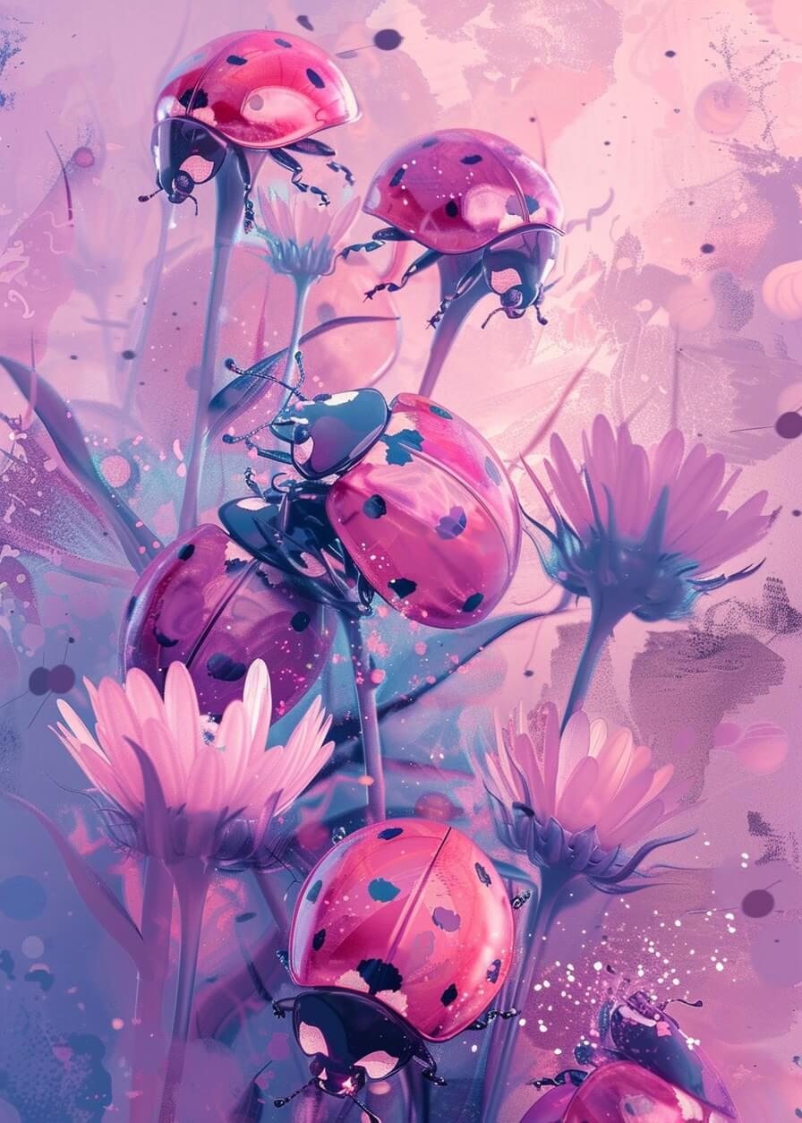 Magiske Mariehøner by Posters har levende mariehøns på lilla-rosa blomster med abstrakte gradienter, hvilket skaber et drømmende plakat, der er ideelt til indretning af børneværelser.