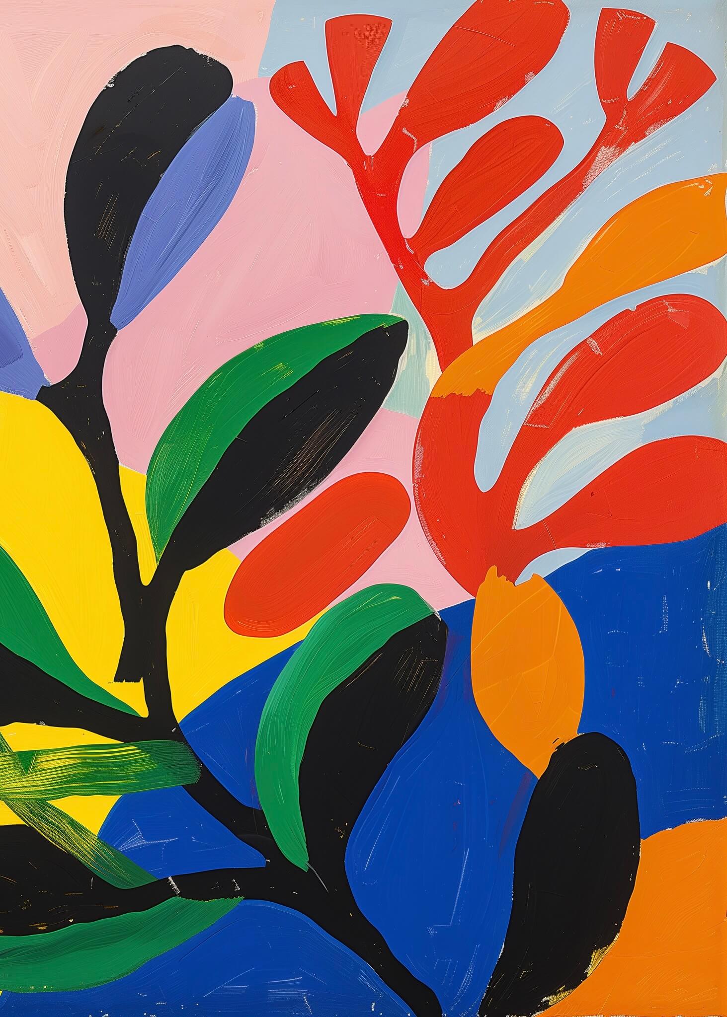 Plakaten "Maleri - Matisse Style" fra Posters har dristige, farverige former som blade og grene i rød, sort, grøn, gul, blå og lilla på en pastelrosa og orange baggrund.