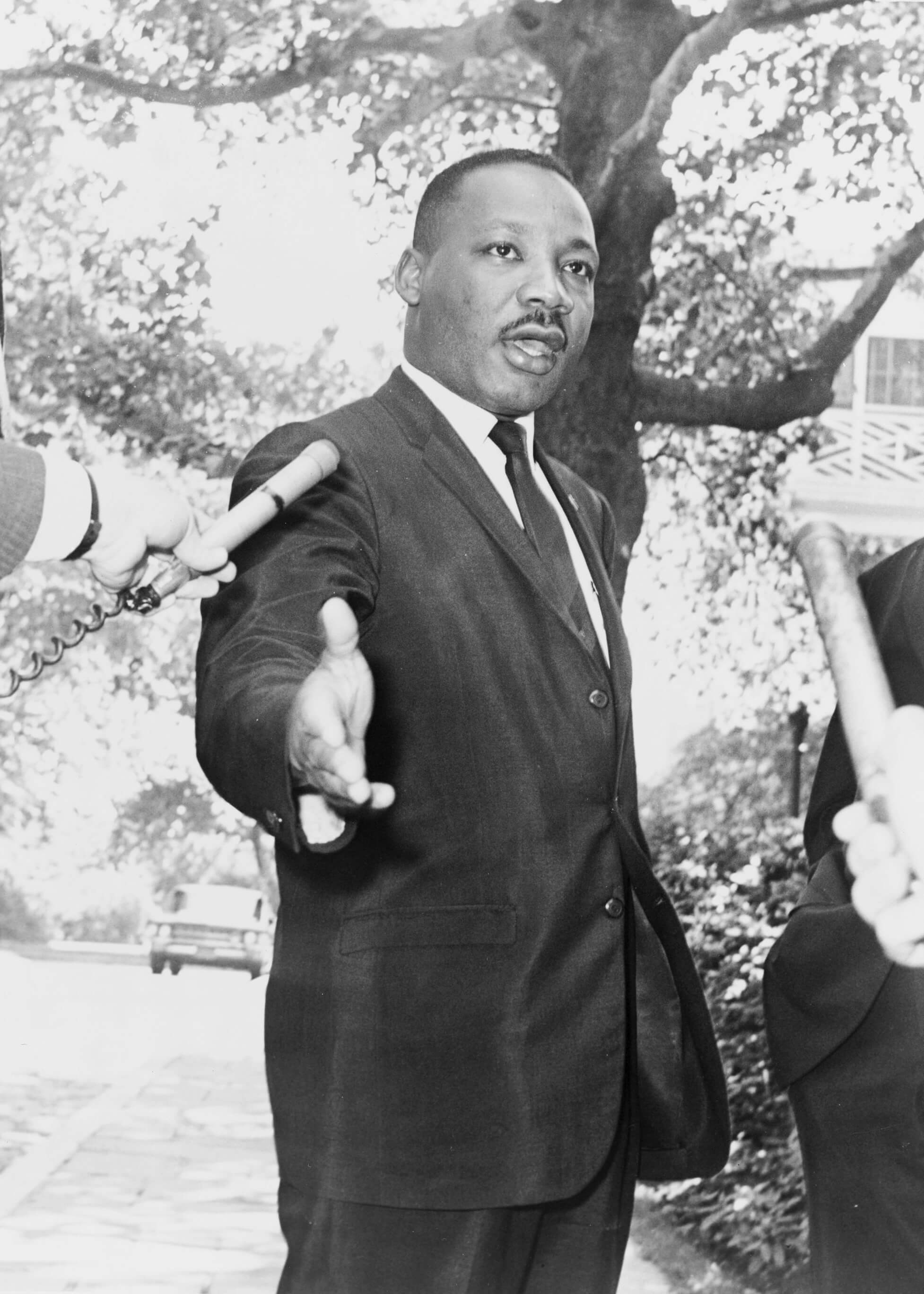 En Martin Luther King-plakat fra mærket Posters viser ham udendørs i et jakkesæt, hvor han strækker sin højre arm ud, mens han taler. Flere mikrofoner og en plakat holdes frem mod ham. I baggrunden ses træer og en bil.